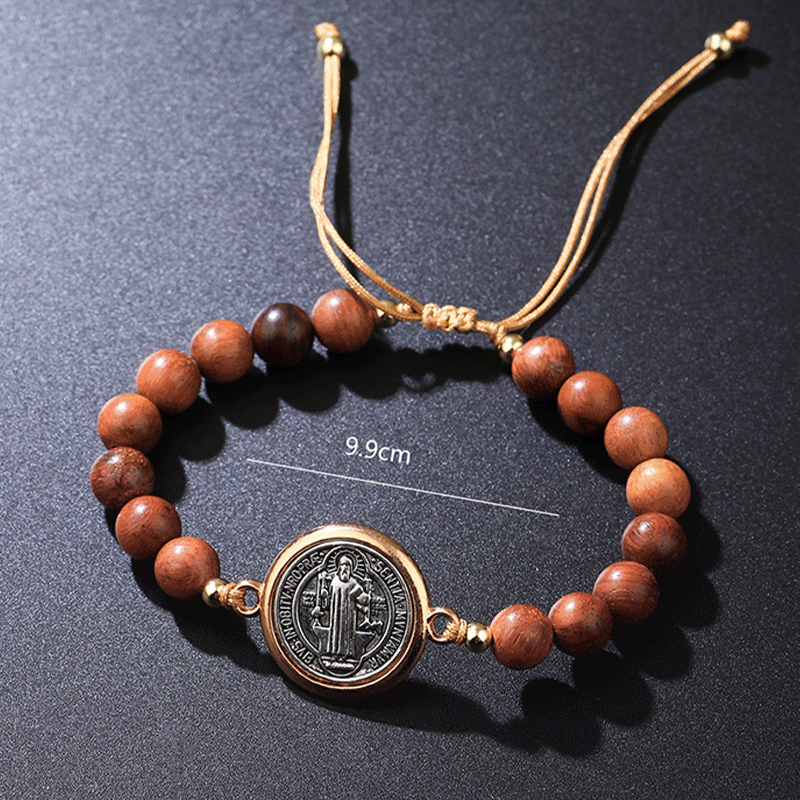 🛡️A Guardian's Companion✨Bracciale di San Benedetto con perline di legno naturale🎁Regolabile, adatto sia per uomini che per donne