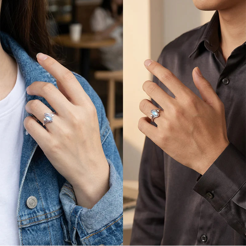 💍Anello geometrico ovale con pietra di luna e dettagli in zirconia: mistico, scintillante e dall'eleganza senza tempo