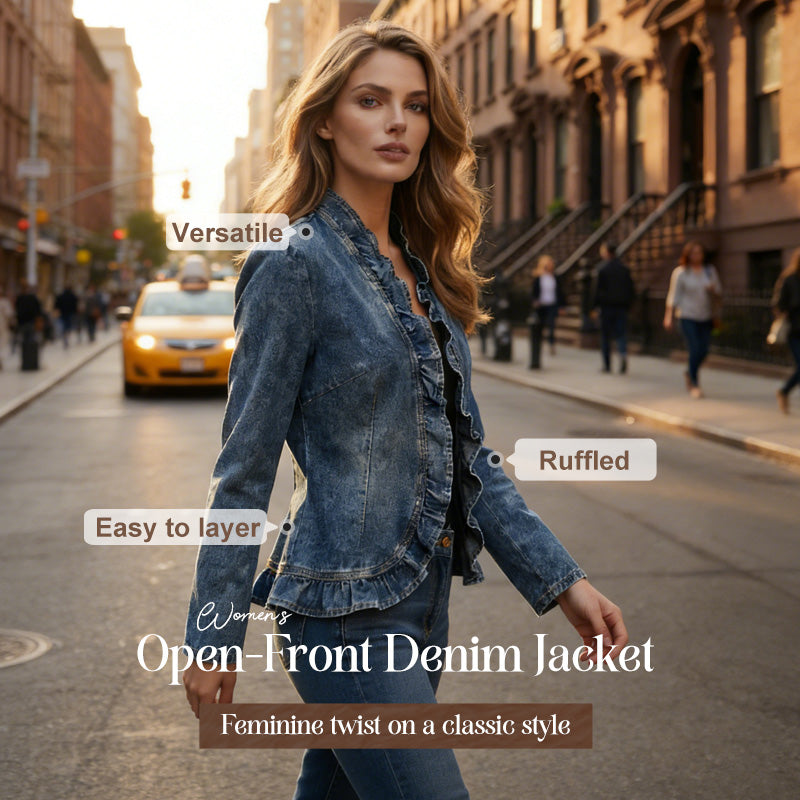 🧥 SCONTO DEL 50% A TEMPO LIMITATO! ✨ Giacca in denim da donna – Aperta sul davanti, con bordi arricciati, leggera, lavaggio classico ✨