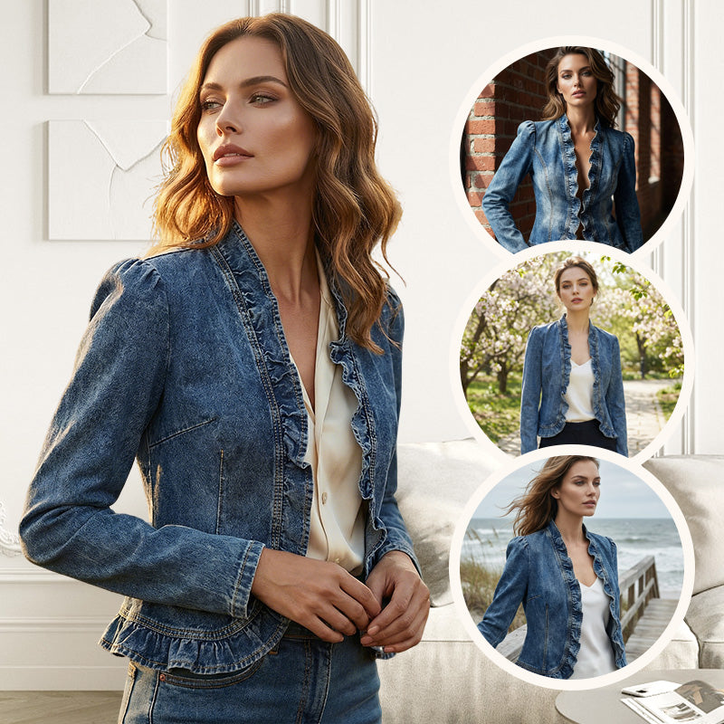 🧥 SCONTO DEL 50% A TEMPO LIMITATO! ✨ Giacca in denim da donna – Aperta sul davanti, con bordi arricciati, leggera, lavaggio classico ✨