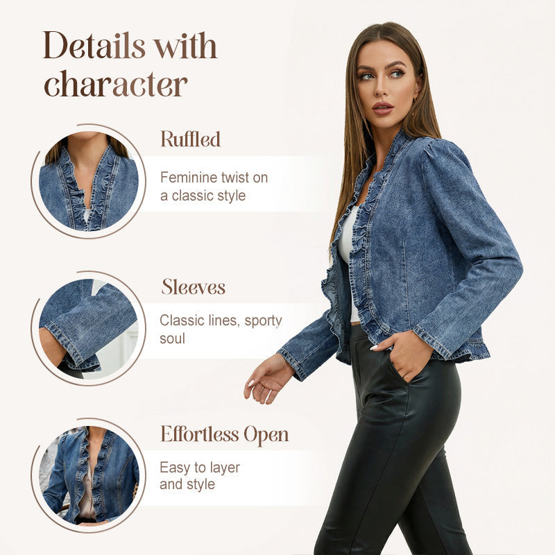 🧥 SCONTO DEL 50% A TEMPO LIMITATO! ✨ Giacca in denim da donna – Aperta sul davanti, con bordi arricciati, leggera, lavaggio classico ✨