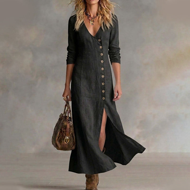 🔥 Offerta limitata – Abito lungo da donna a maniche lunghe, con scollo a V e abbottonatura