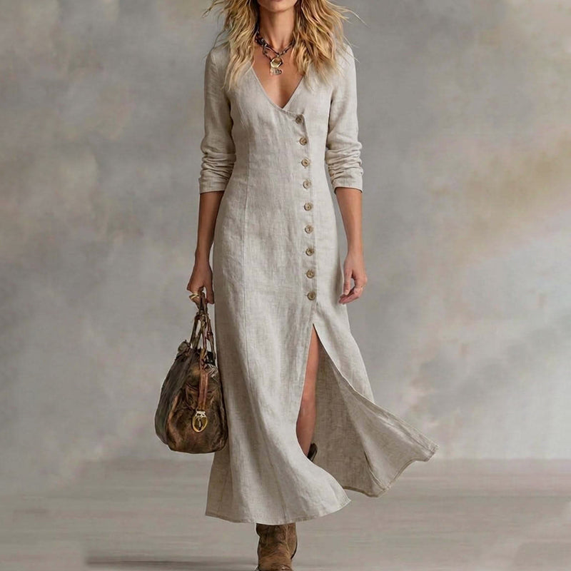 🔥 Offerta limitata – Abito lungo da donna a maniche lunghe, con scollo a V e abbottonatura
