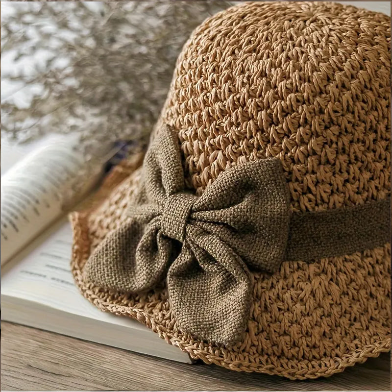 Elegante cappello di paglia con fiocco in tessuto | Struttura intrecciata leggera, morbido e regolabile