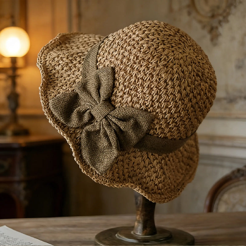 Elegante cappello di paglia con fiocco in tessuto | Struttura intrecciata leggera, morbido e regolabile