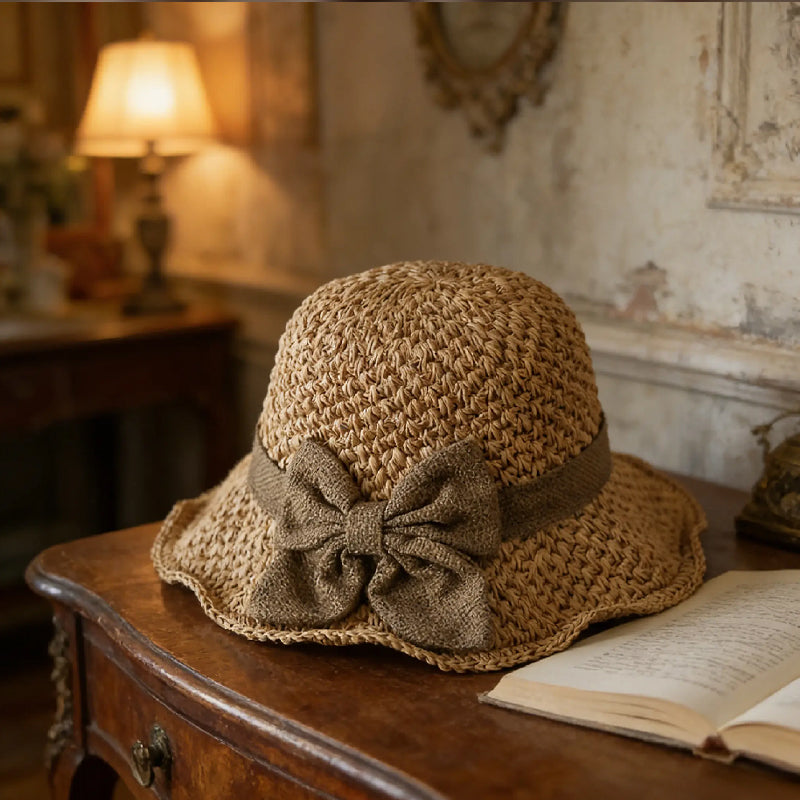 Elegante cappello di paglia con fiocco in tessuto | Struttura intrecciata leggera, morbido e regolabile