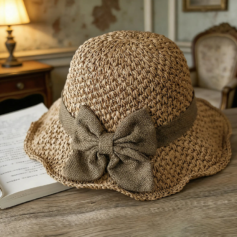 Elegante cappello di paglia con fiocco in tessuto | Struttura intrecciata leggera, morbido e regolabile