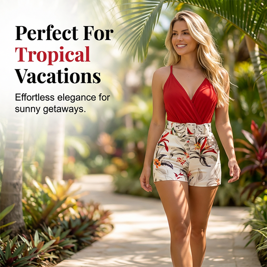 ☀️ SCONTO DEL 50% A TEMPO LIMITATO! ✨ Set composto da top con scollo a V e pantaloncini a vita alta – Stampa tropicale, outfit da vacanza a due pezzi 🌴