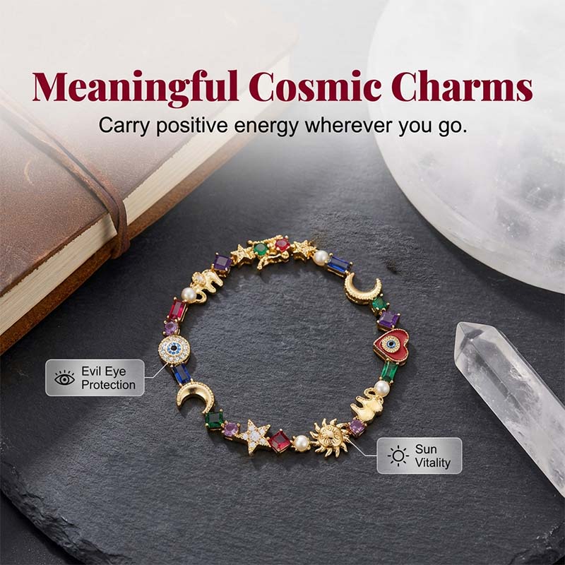 💫✨ Braccialetto “Celestial Charm” – Sole, Luna, Stelle, cristalli multicolori