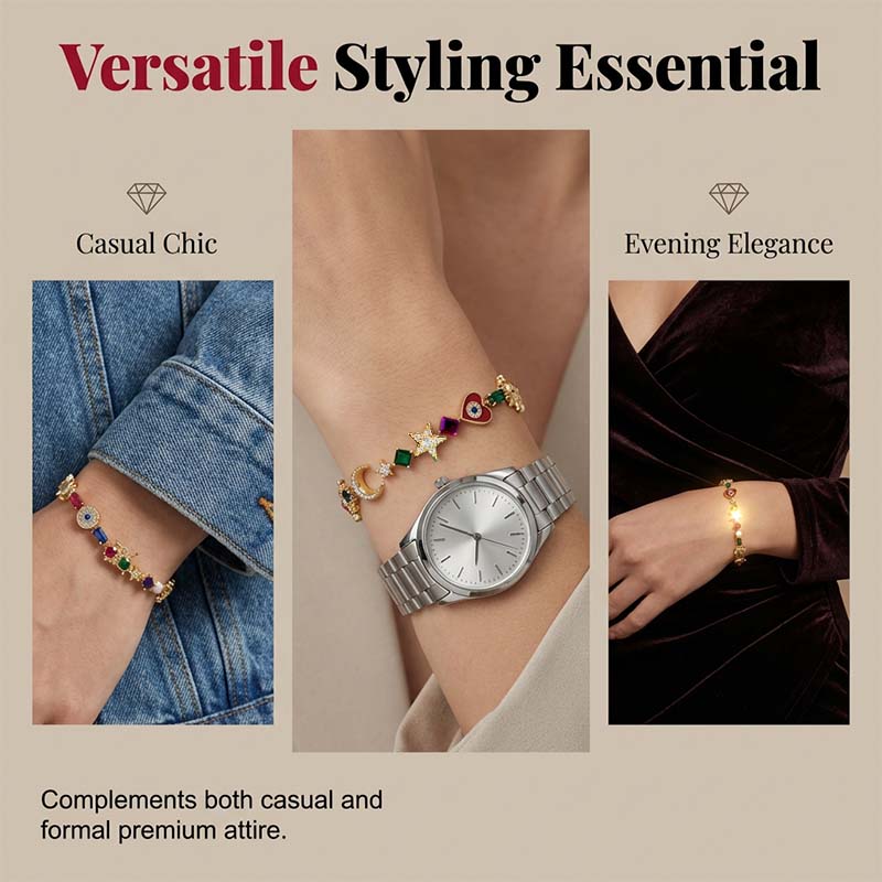 💫✨ Braccialetto “Celestial Charm” – Sole, Luna, Stelle, cristalli multicolori